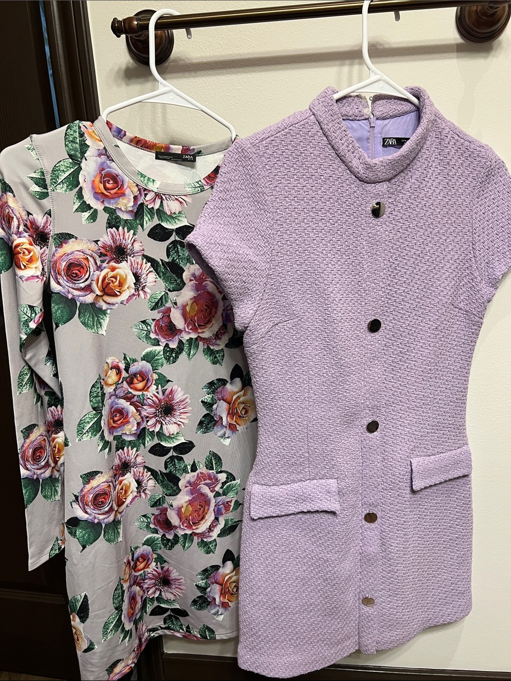 Lot of 2 Zara Dresses:  Lilac Textured Button Front Shift Dress and Floral Lilac